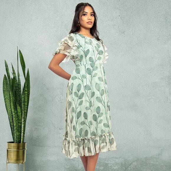 Green and White Printed Dress | Harmony Hues | Muvvas Boutique - Picture 7 of 10